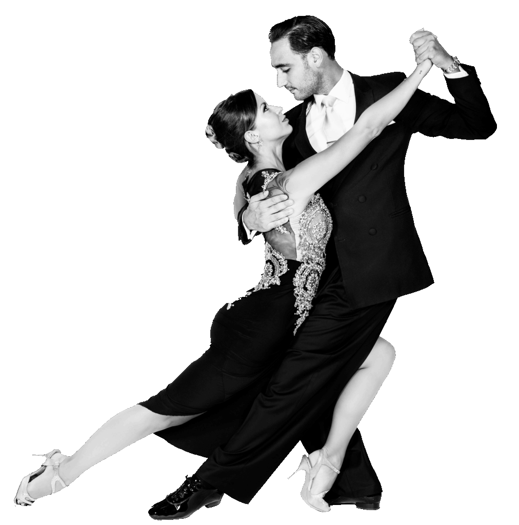 Stephanie y fausto vestidos elegantemente, haciendo poses de tango en blanco y negro